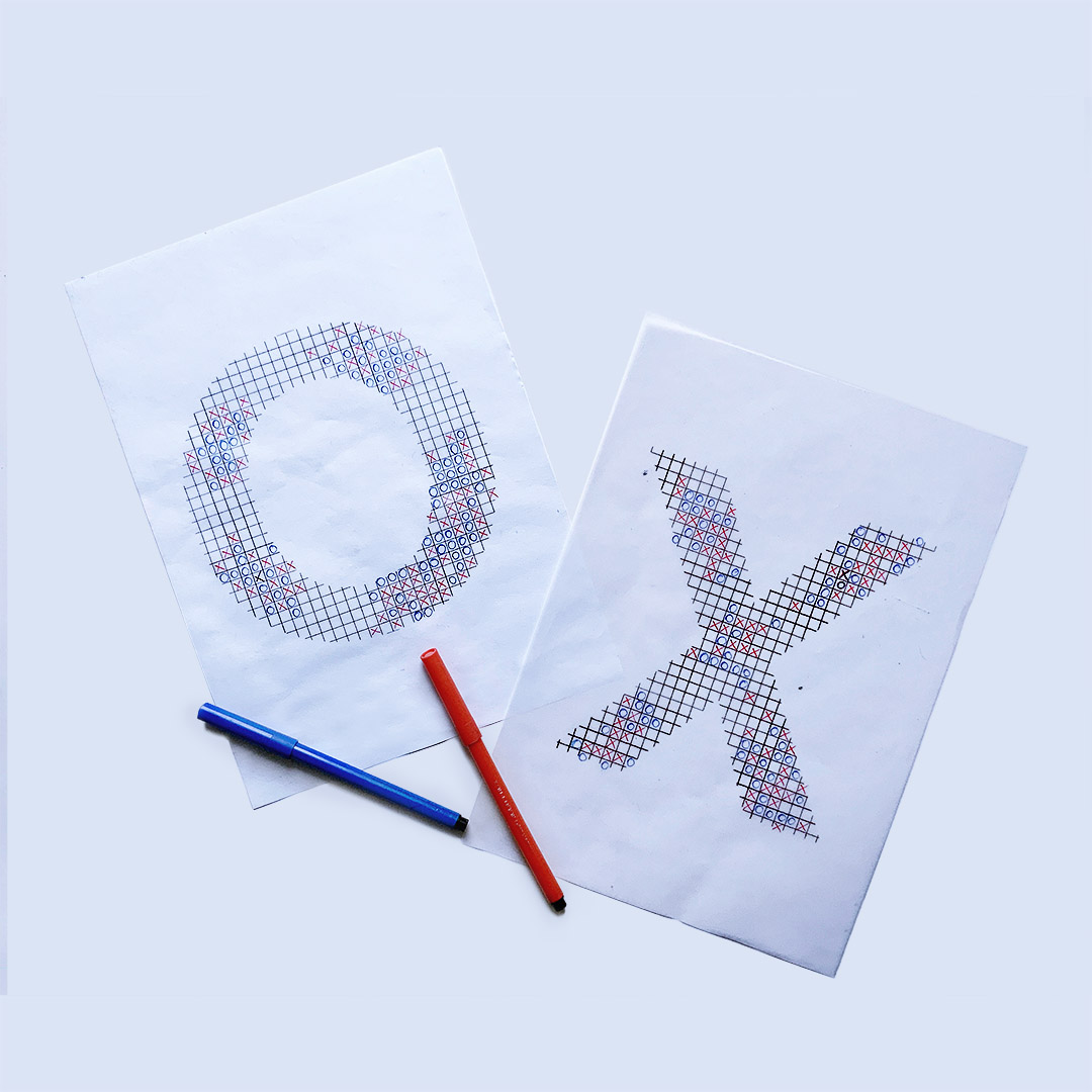 The letters O and X made of square paper serving as a playing area for the five-in-a-row game. The choice of characters are inspirited by the circle and cross symbols  commonly used in this game.